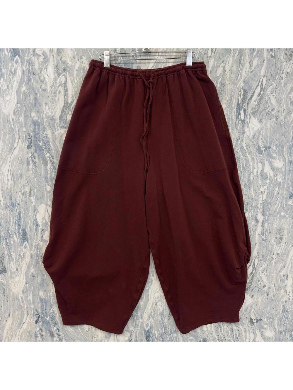 Artsy Boho Minimalist Lagenlook Avant-Garde Baggy Burgundy Harem Pants (L/XL)